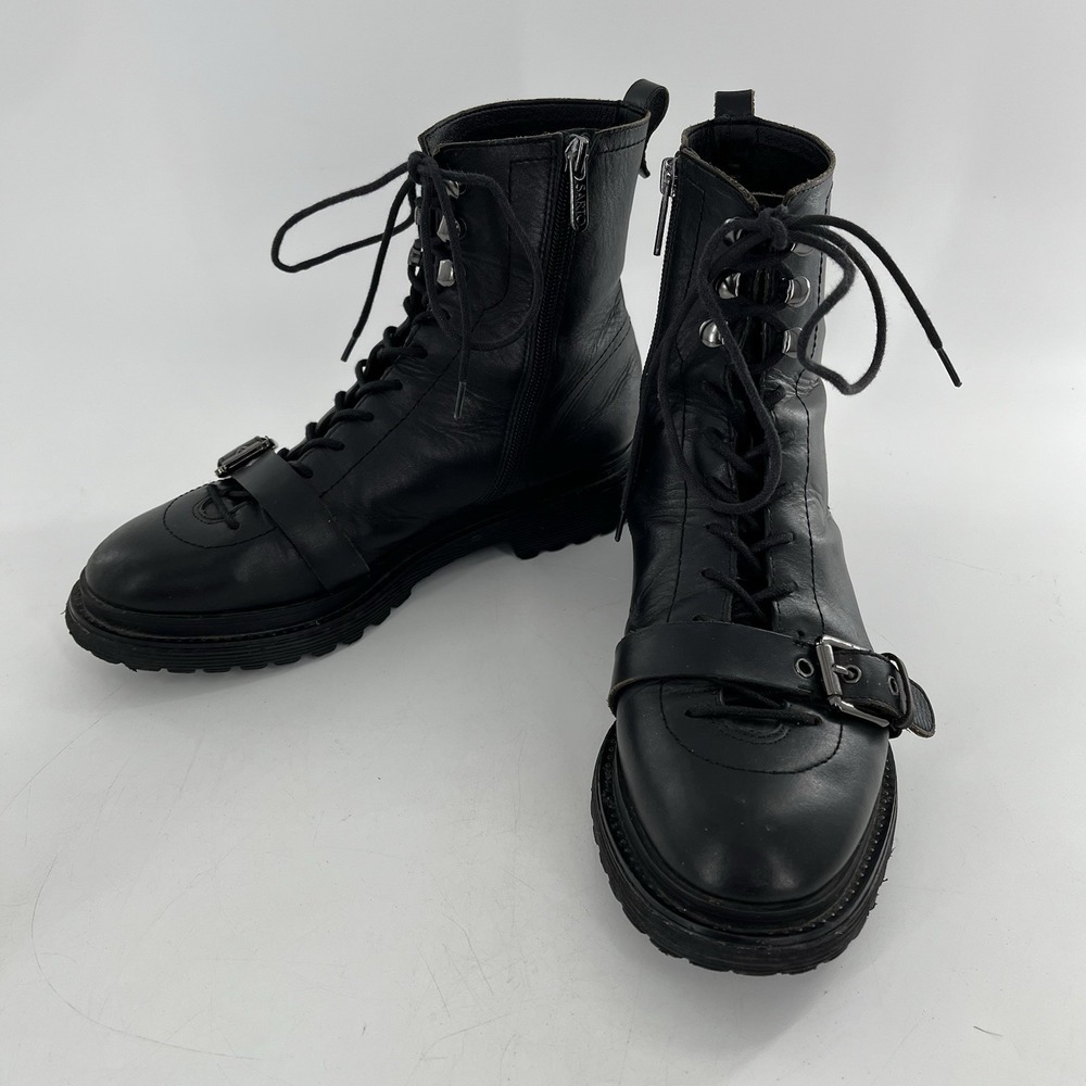 Franco Sarto Booties Ankle Boot Block Heel‎ Buckle Lace Zip Moto Black 8.5 Goth